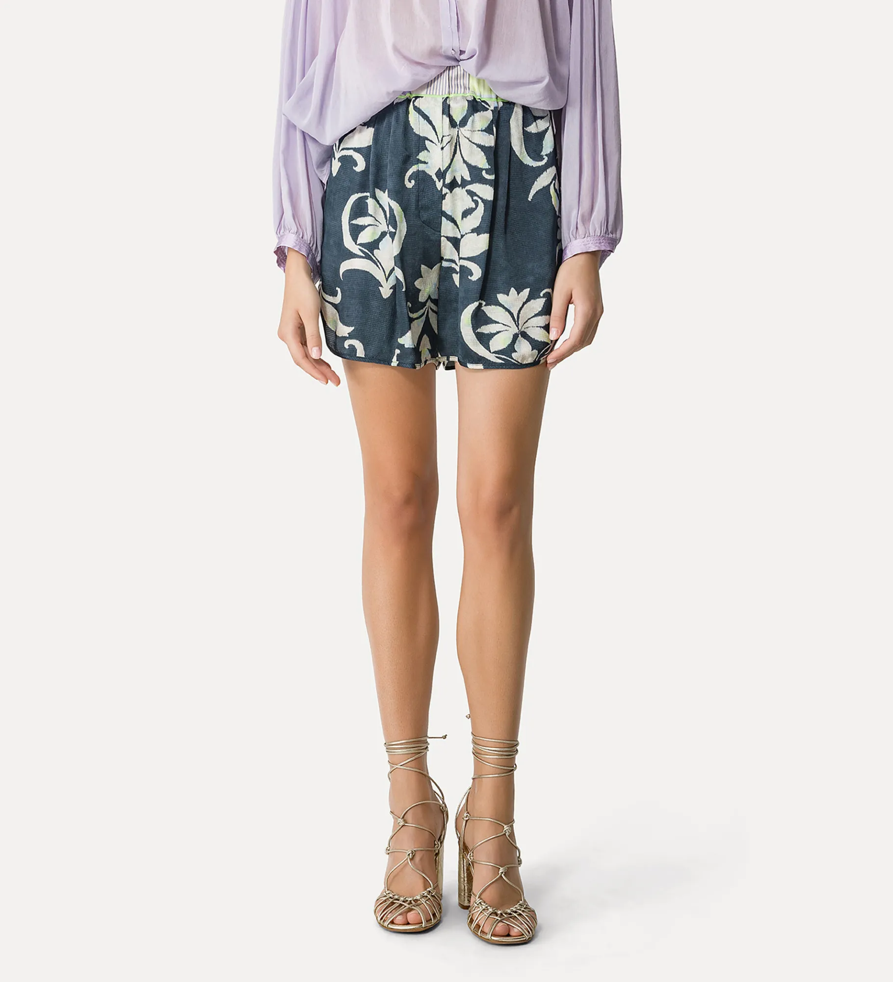 forte_forte bermuda shorts in satin for women with “the secret lily” print oltremare^ Pants