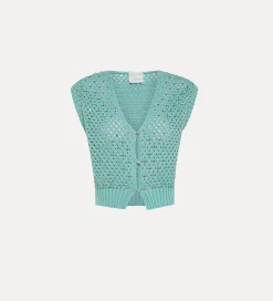 forte_forte cotton vest for women with crystal embellishment acqua^ Knitwear | Tops