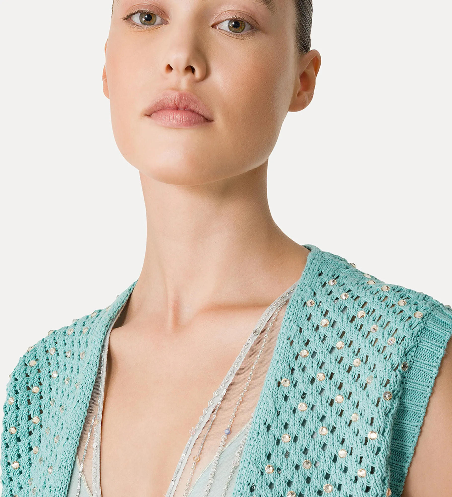 forte_forte cotton vest for women with crystal embellishment acqua^ Knitwear | Tops