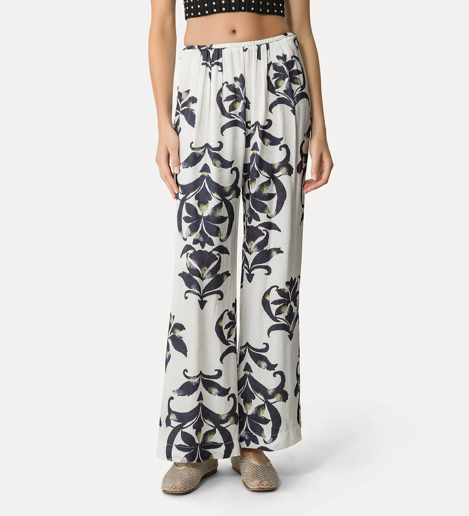 forte_forte flared satin trousers with “the secret lily” pattern orchidea^ Pants