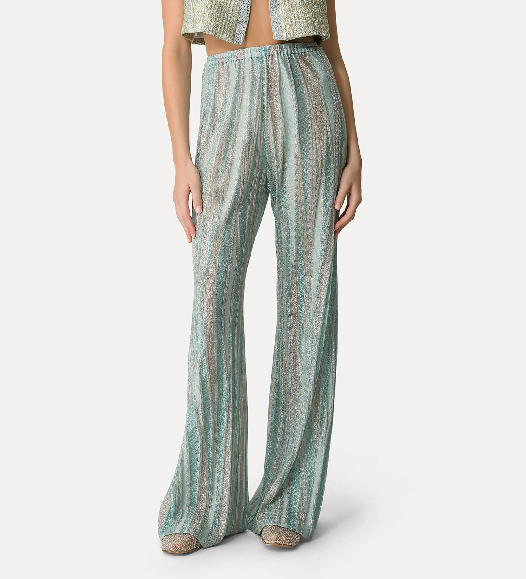 forte_forte flared trousers in lurex–shot jacquard acqua^ Pants