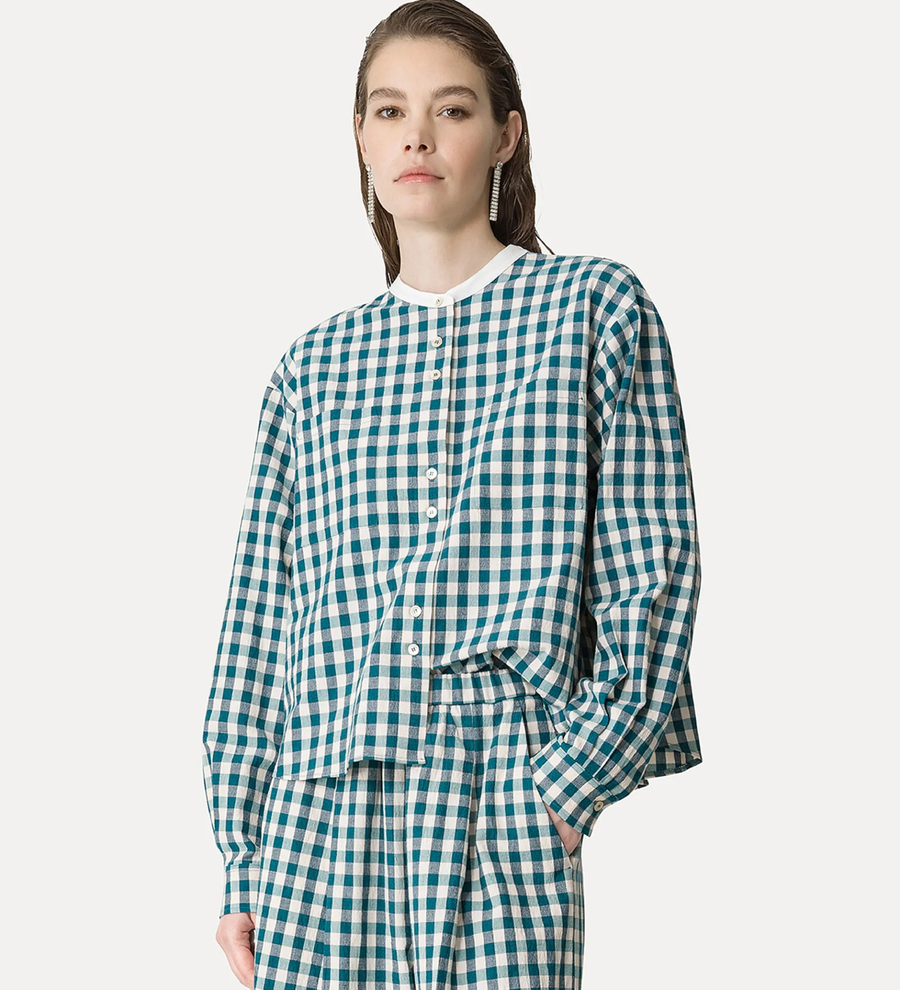 forte_forte granddad–collar shirt in a gingham check peacock^ Shirts