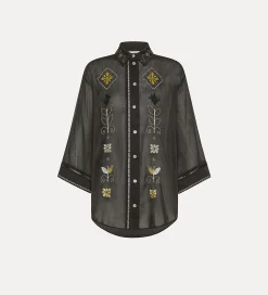 forte_forte half–sleeve voile shirt with “oniric blossom” embroidery pattern nero^ Shirts