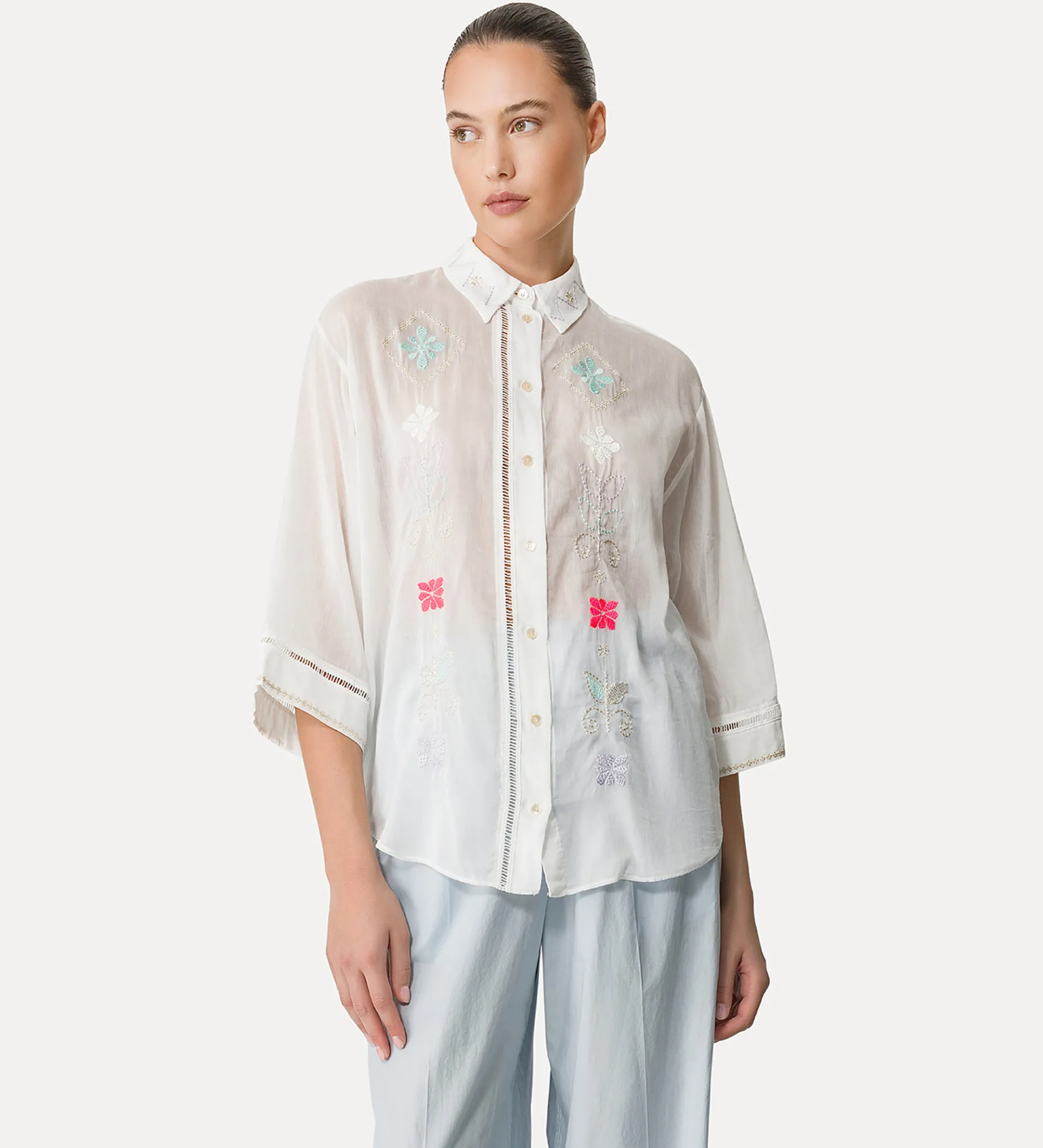 forte_forte half–sleeve voile shirt with “oniric blossom” embroidery pattern bianco^ Shirts