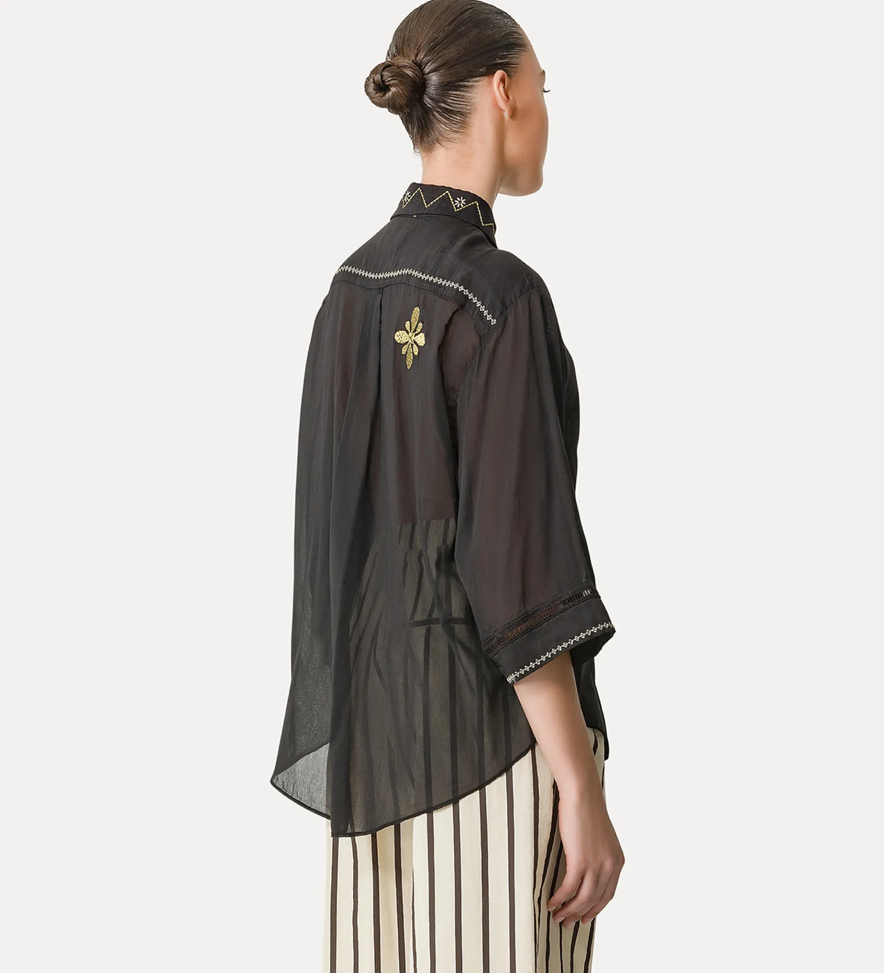 forte_forte half–sleeve voile shirt with “oniric blossom” embroidery pattern nero^ Shirts