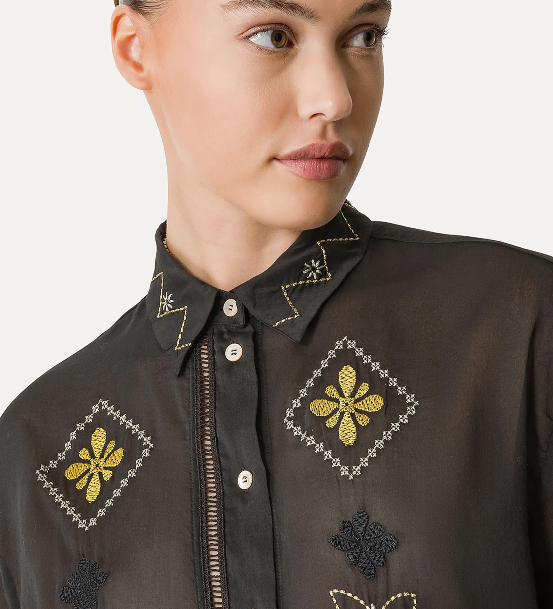 forte_forte half–sleeve voile shirt with “oniric blossom” embroidery pattern nero^ Shirts