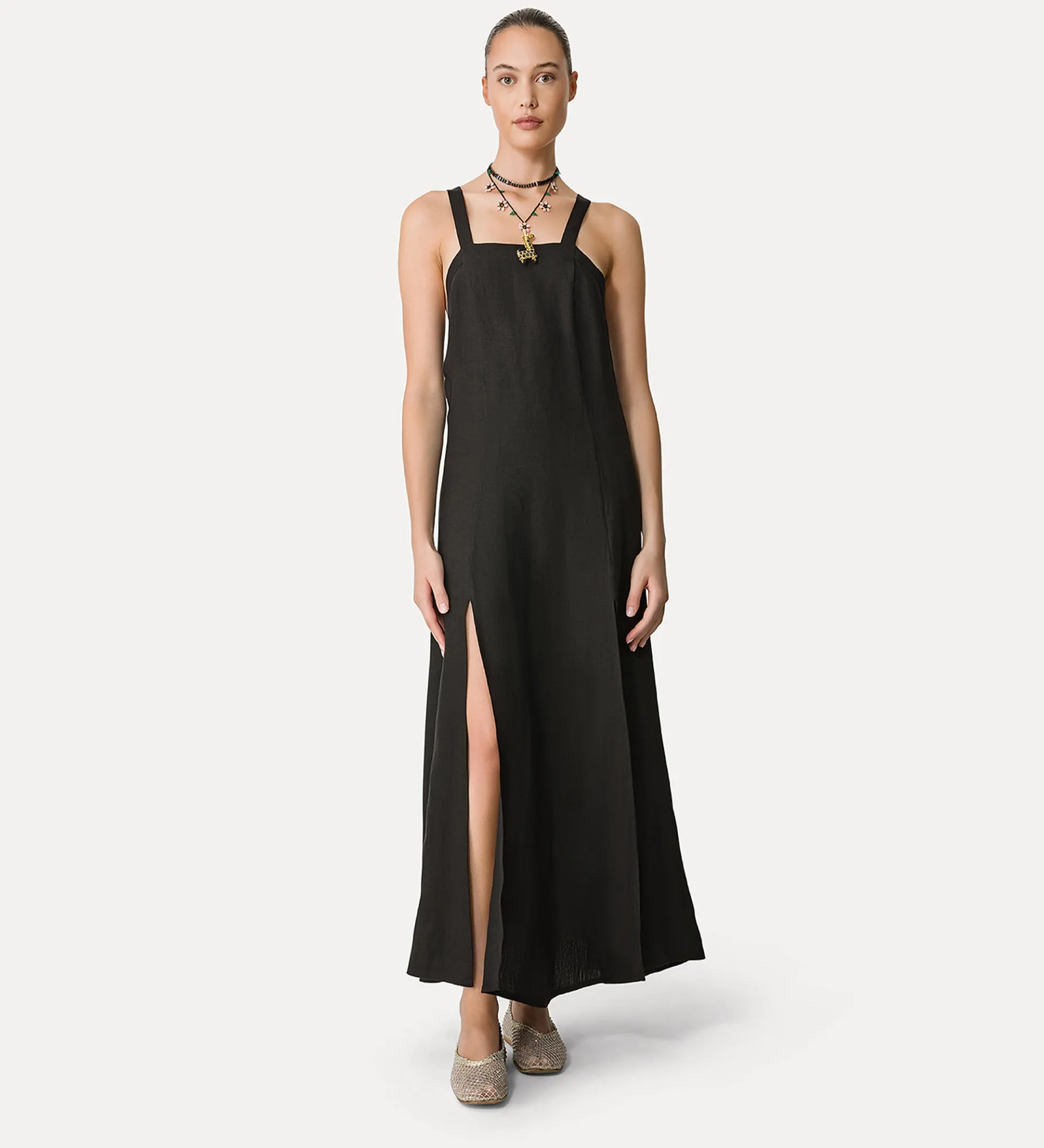 forte_forte linen dress with spaghetti straps noir^ Dresses