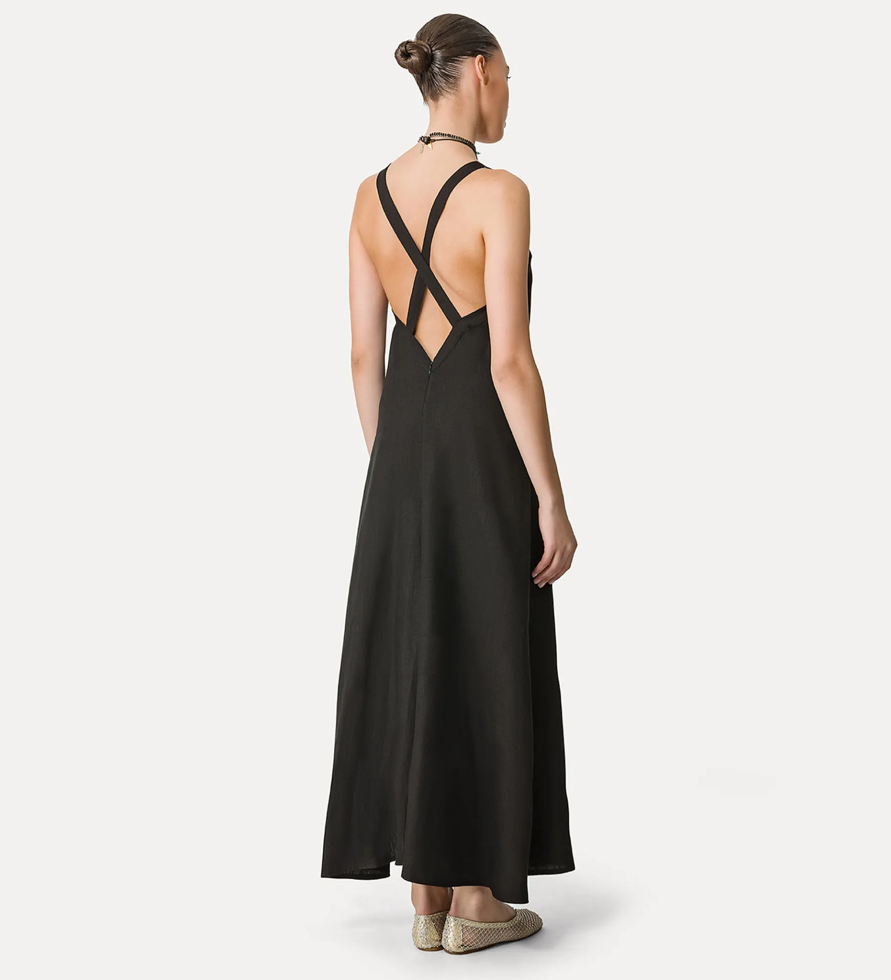 forte_forte linen dress with spaghetti straps noir^ Dresses