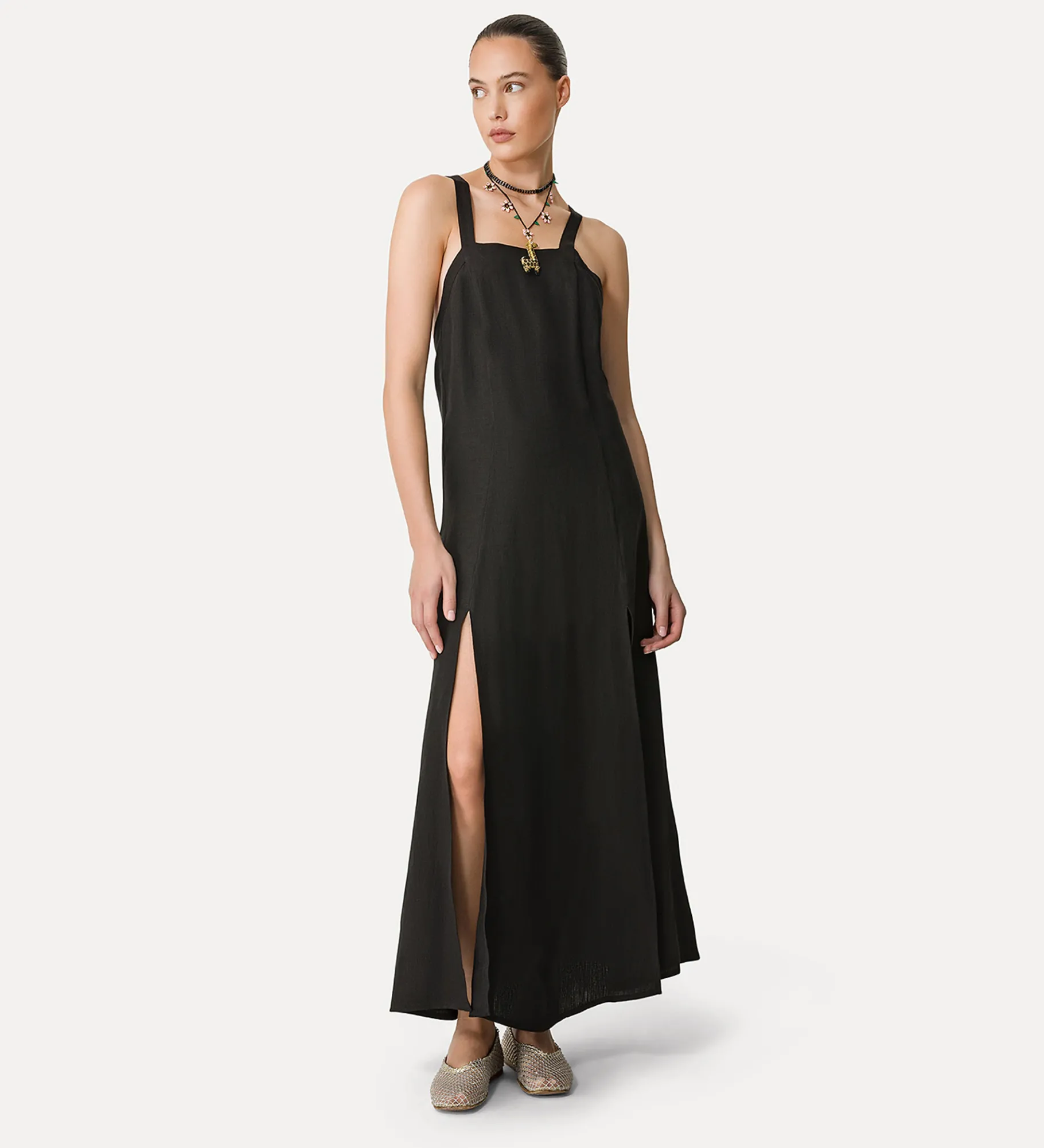forte_forte linen dress with spaghetti straps noir^ Dresses